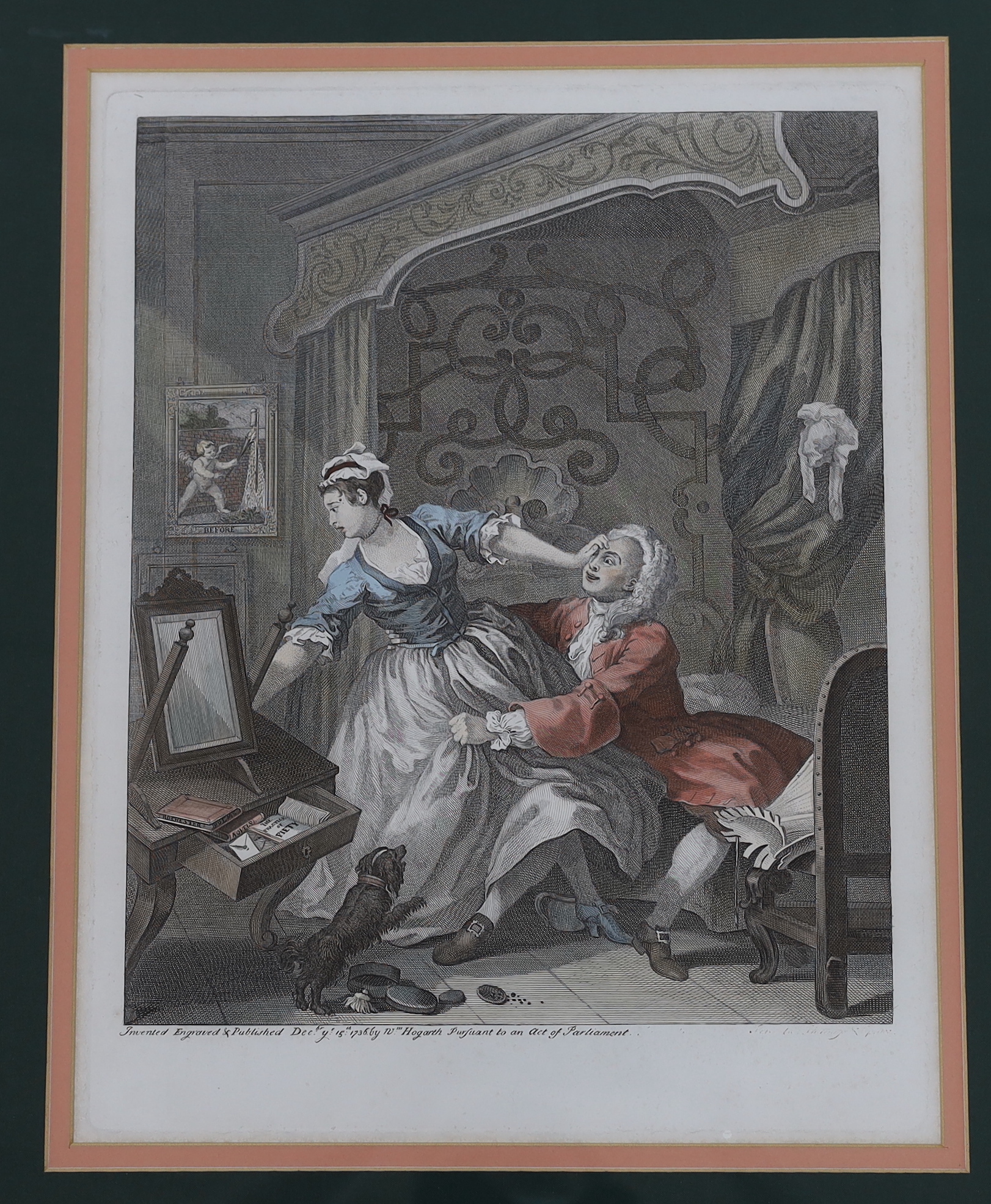 After William Hogarth (1697-1764) pair of satirical handcoloured engravings, 'Before' and 'After', each with Harrods label verso, 44 x 34cm